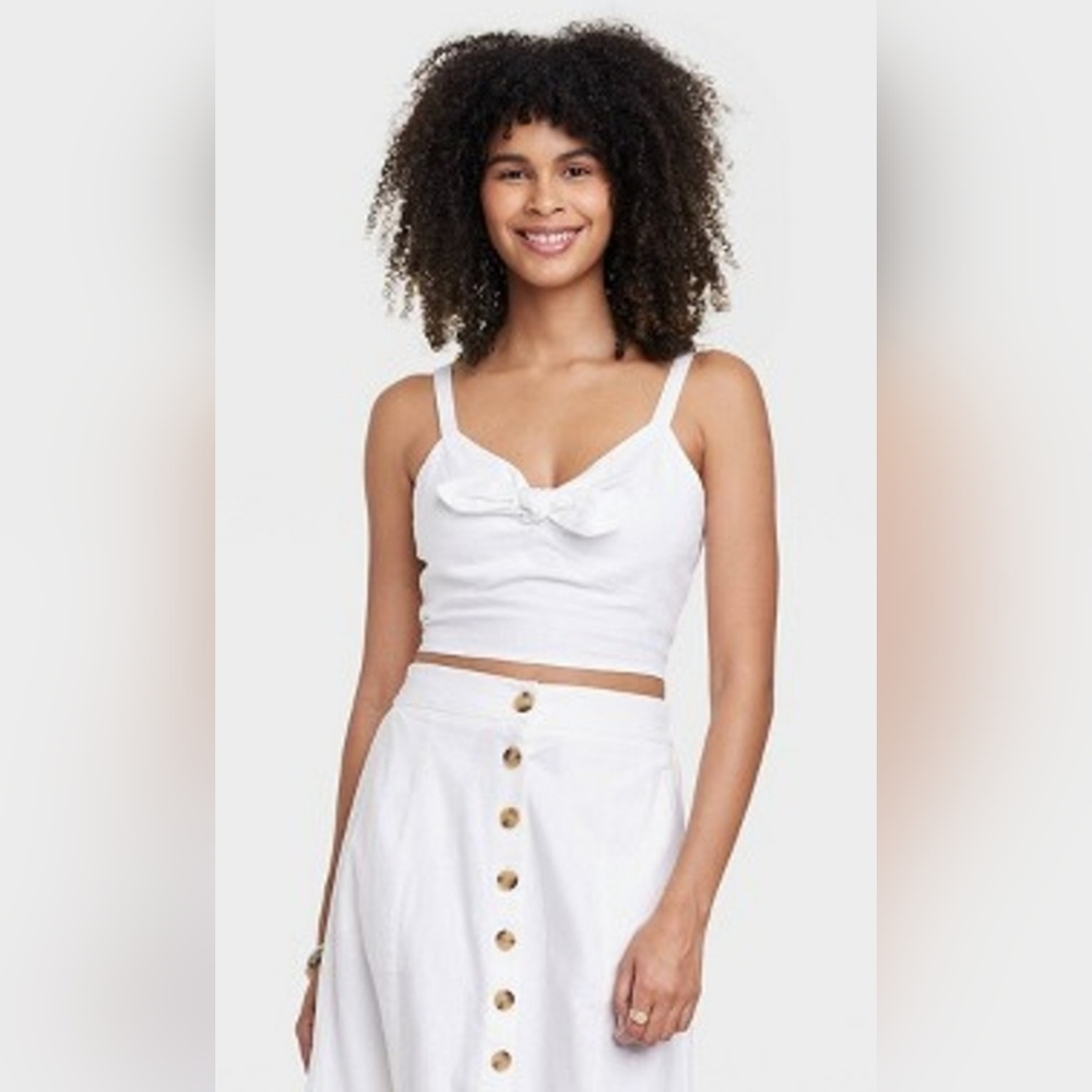 NWOT Universal Thread Tie Front Ribbon Cropped Linen White Tank Top Size L
